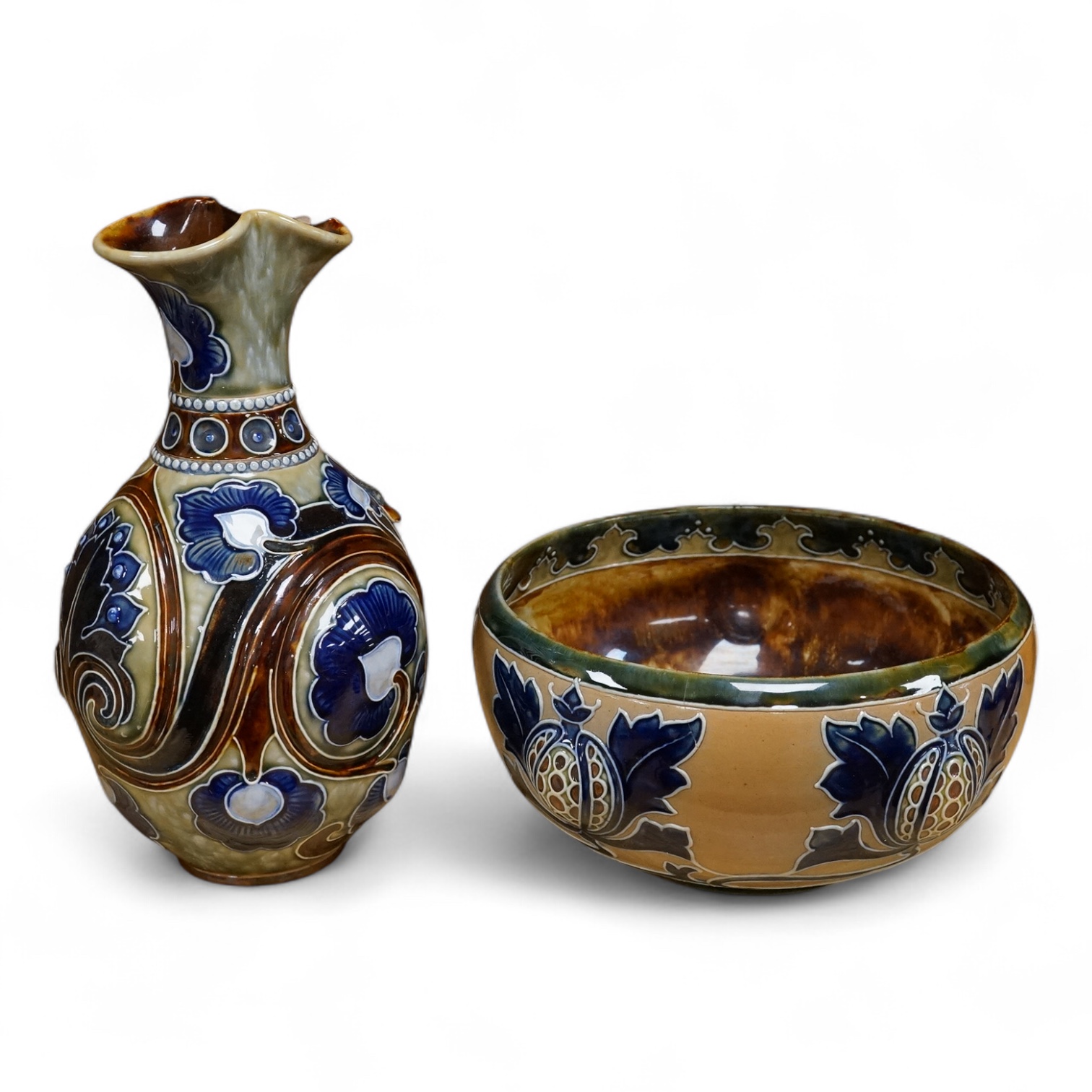 Mark V. Marshall, a Doulton Lambeth bowl, together with a Frank Butler jug, lacking handle, largest 25cm high